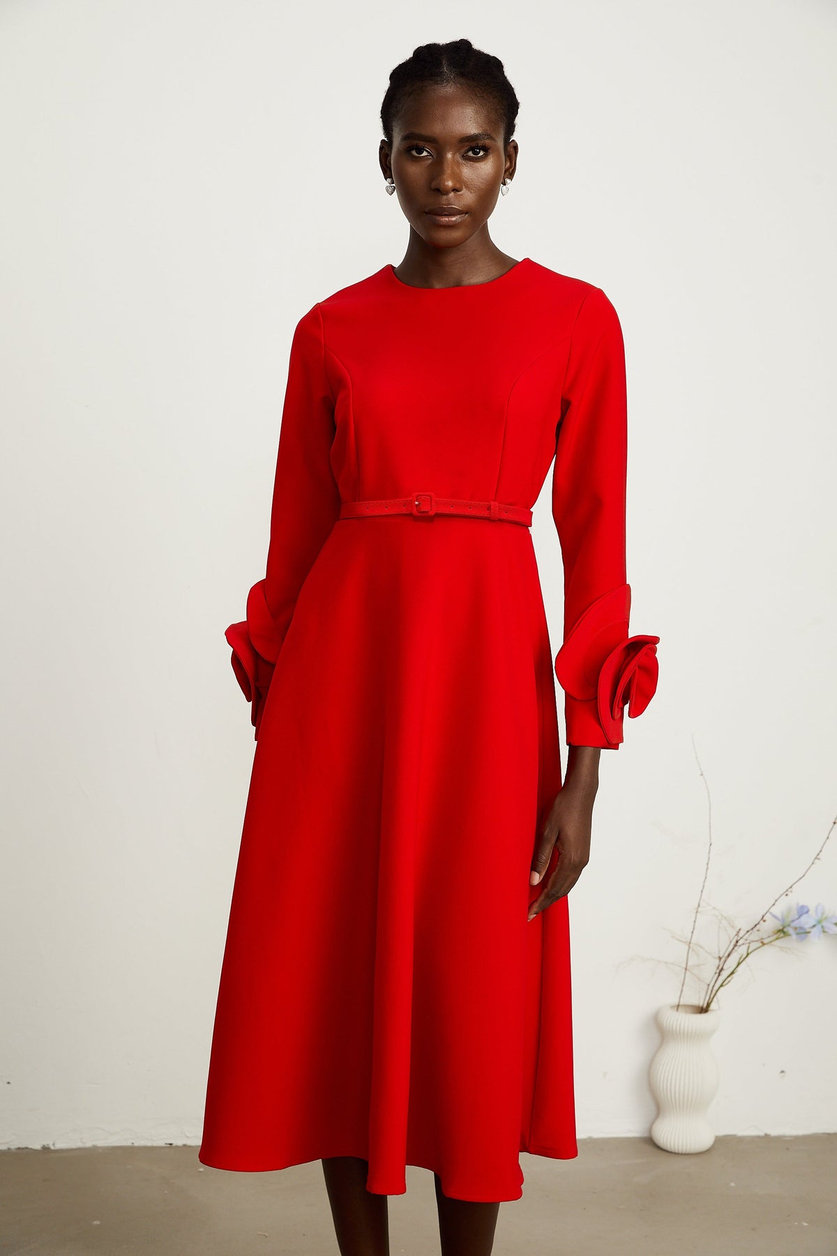 Elysia floral-embellished red long-sleeve dress