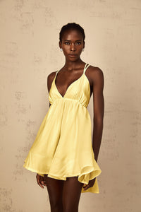 Quincie Yellow Shirred Flounced Mini Dress