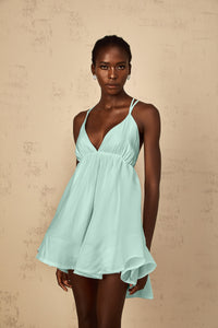 Quincie Green Shirred Flounced Mini Dress