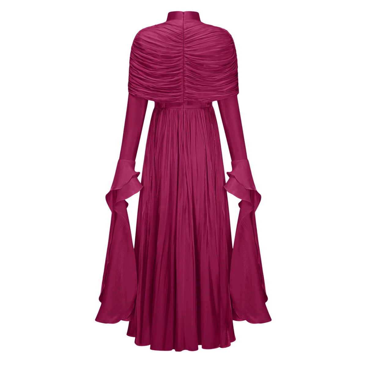 Gustave Burgundy Ruched Cape Ruffled Maxi Dress