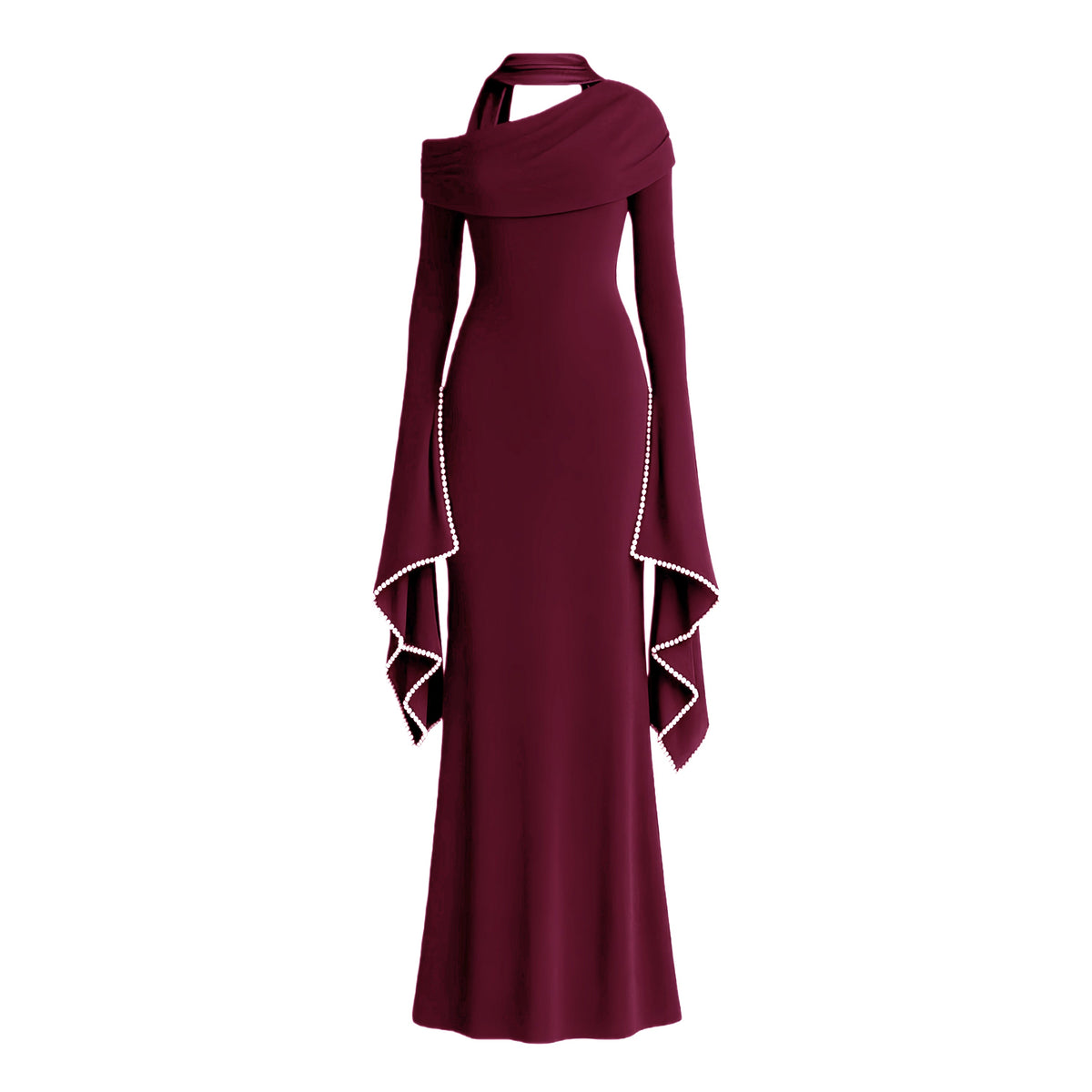 Simona Burgundy One Shoulder Pearl Trim Maxi Gown