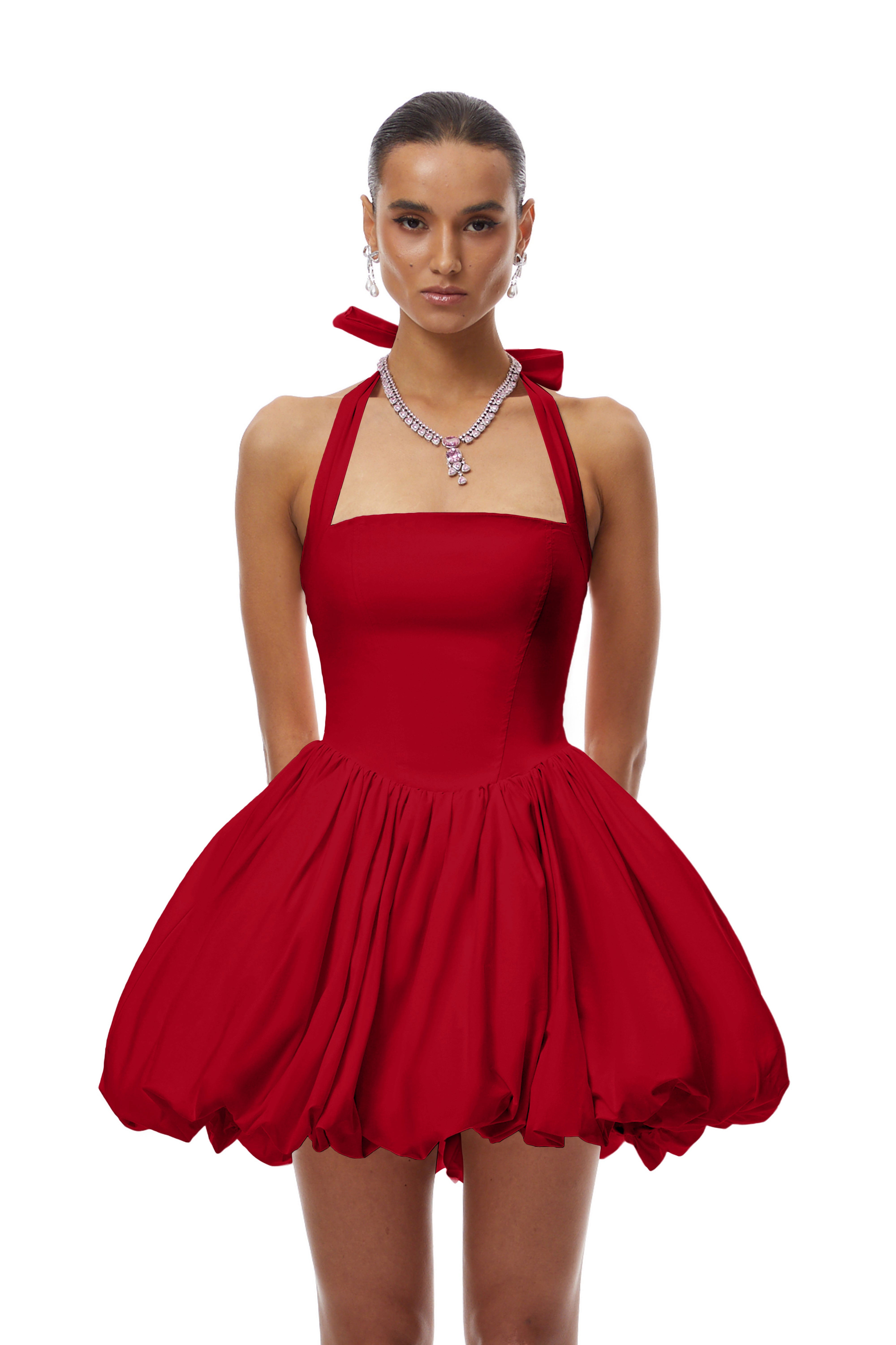 Anaelle Red Shirred Puffball Mini Dress
