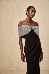 Chloé black rhinestone-bow off-shoulder maxi dress