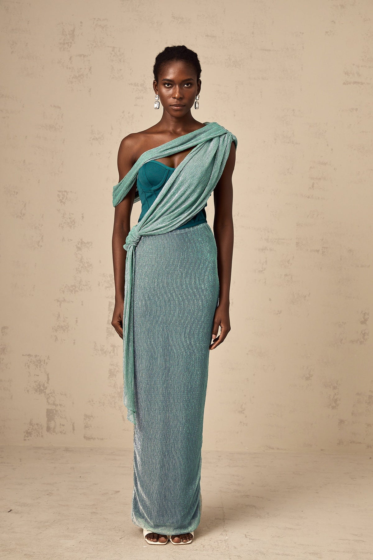 Delphine green ribbon-design corset maxi dress