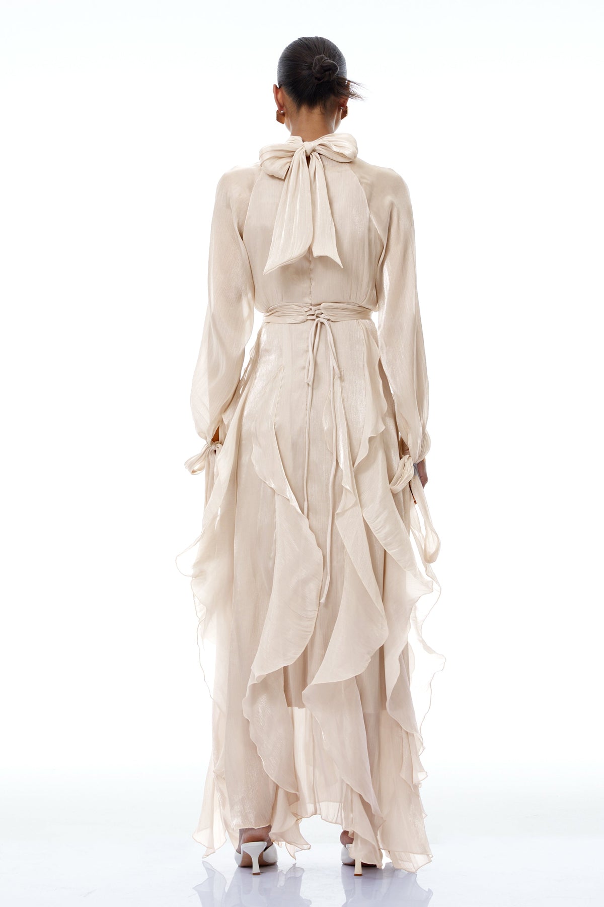 Zélie Neutral Glossy Pleated Ruffled Maxi dress