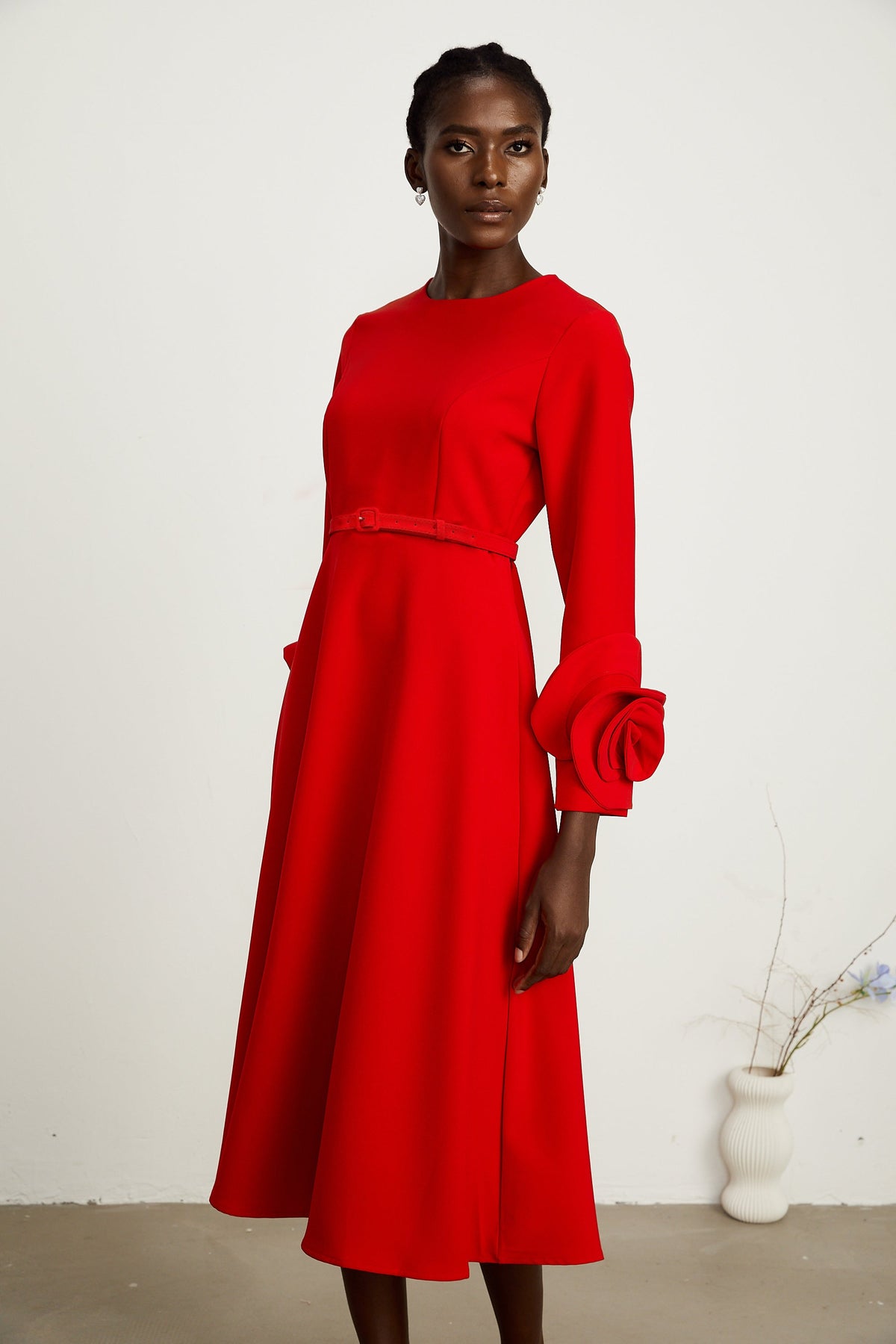 Aurelia red long-sleeve dress with floral embellishments