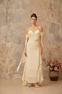 Mélusine Neutral Ruched Chiffon Maxi Dress