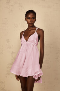 Quincie Pink Shirred Flounced Mini Dress
