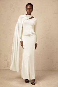 Josette White Diagonal Shawl Fitted Maxi Dress