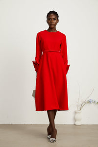 Aurelia red long-sleeve dress with floral embellishments