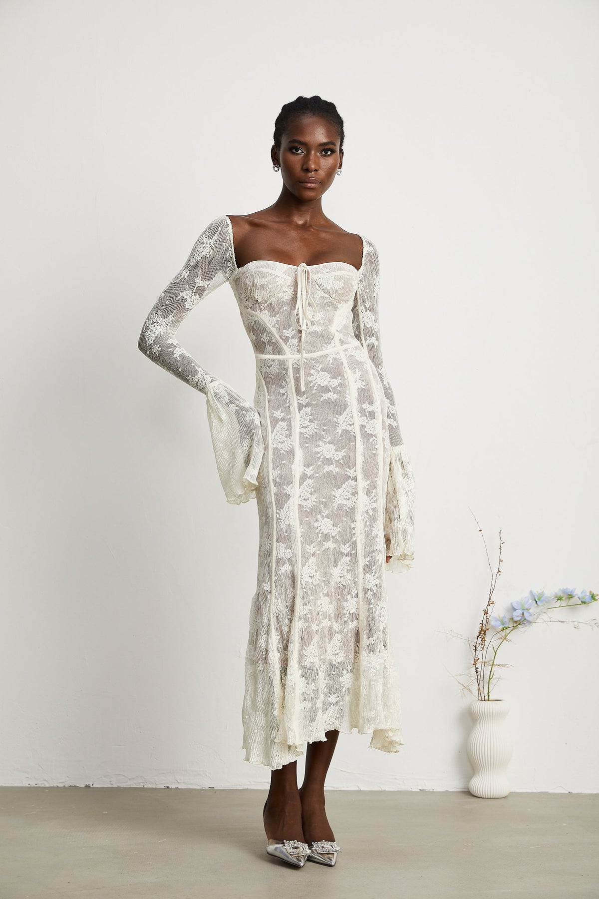 Marlene White Flared Lace Maxi Dress
