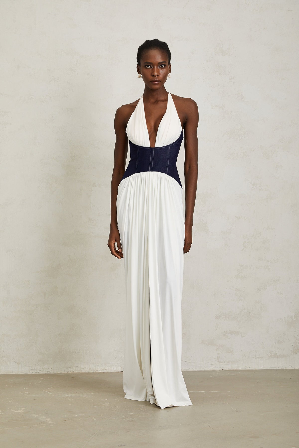 Airi White Halterneck Denim Panel Maxi Dress