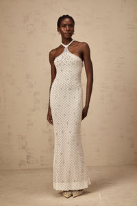Claudine white embellished halterneck maxi dress