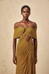 Ludivine ocher off-shoulder cut-out ruched maxi dress