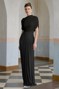 Catherine Black Asymmetrical Pleated Maxi Dress