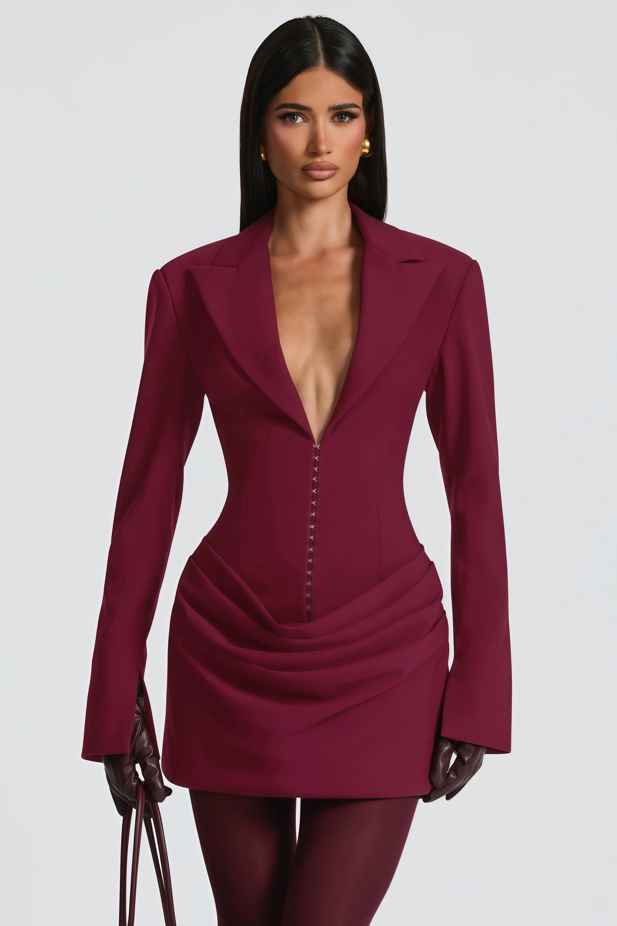Rosette Burgundy Ruched Blazer Mini Dress