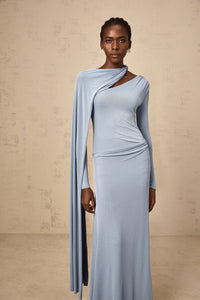 Josette Blue Diagonal Shawl Fitted Maxi Dress