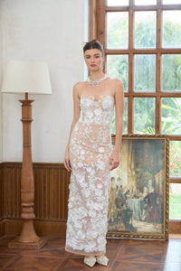 Brigitte White Floral Appliqué Corset Maxi Dress