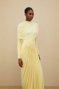 Catherine Yellow Asymmetrical Pleated Long-Sleeve Maxi Dress
