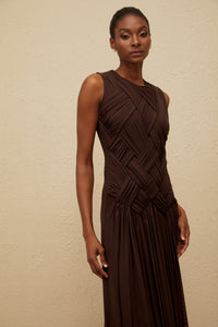 Daphné Brown Asymmetrical Braided Tulle Midi Dress