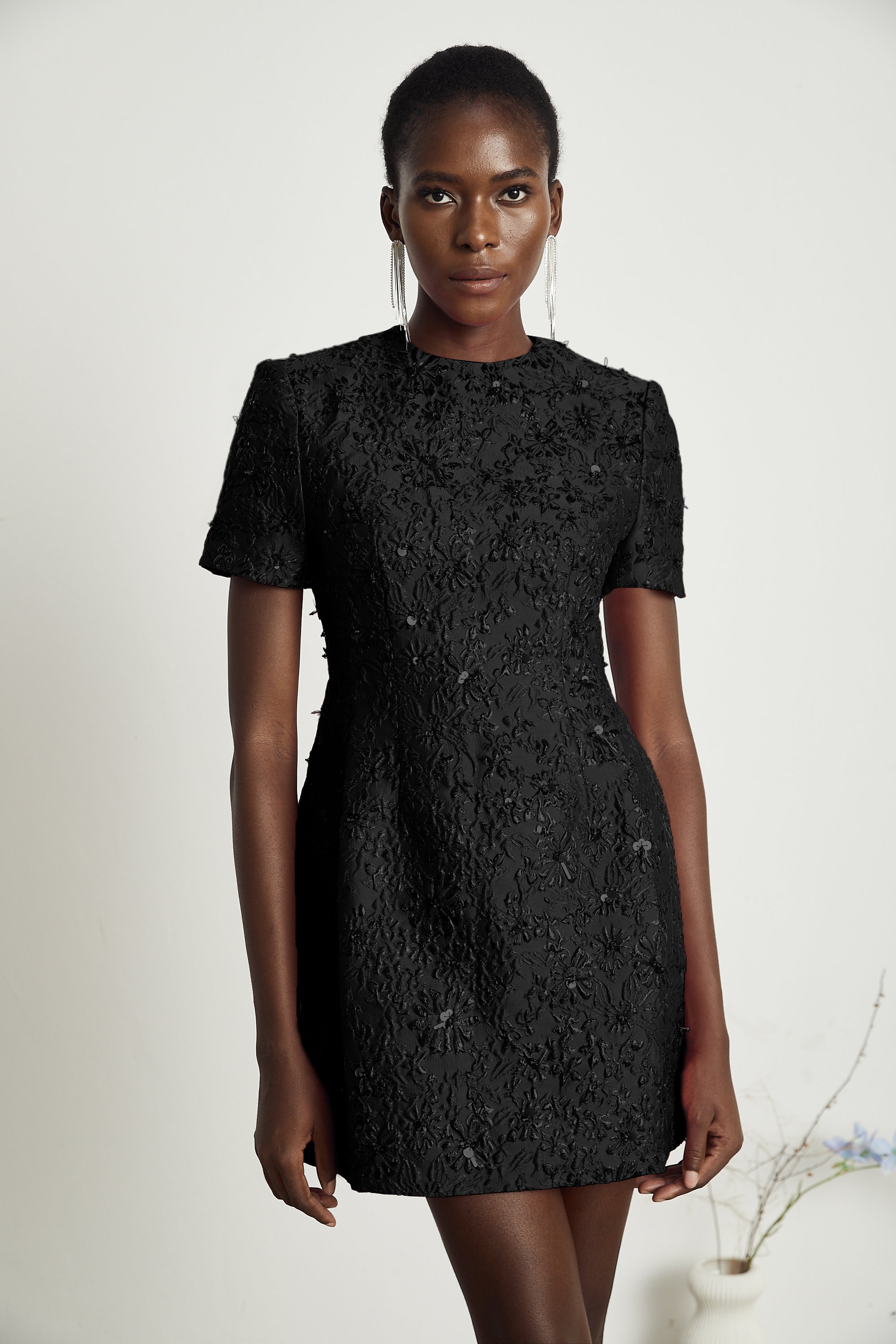 Celestia Floral-Appliqué Embellished Mini Dress in Black