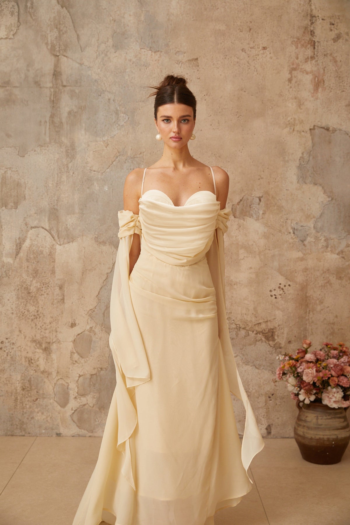 Mélusine Neutral Ruched Chiffon Maxi Dress
