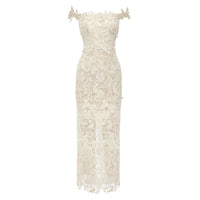 Hecate White Beaded Lace Maxi Dress with 3D Florals