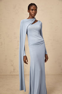 Josette Blue Diagonal Shawl Fitted Maxi Dress