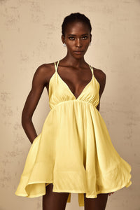 Quincie Yellow Shirred Flounced Mini Dress