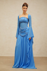 Gaëlle Blue Faux-pearl-embellished Pleated Maxi Dress