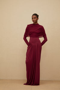 Catherine Red Asymmetrical Pleated Long-Sleeve Maxi Dress