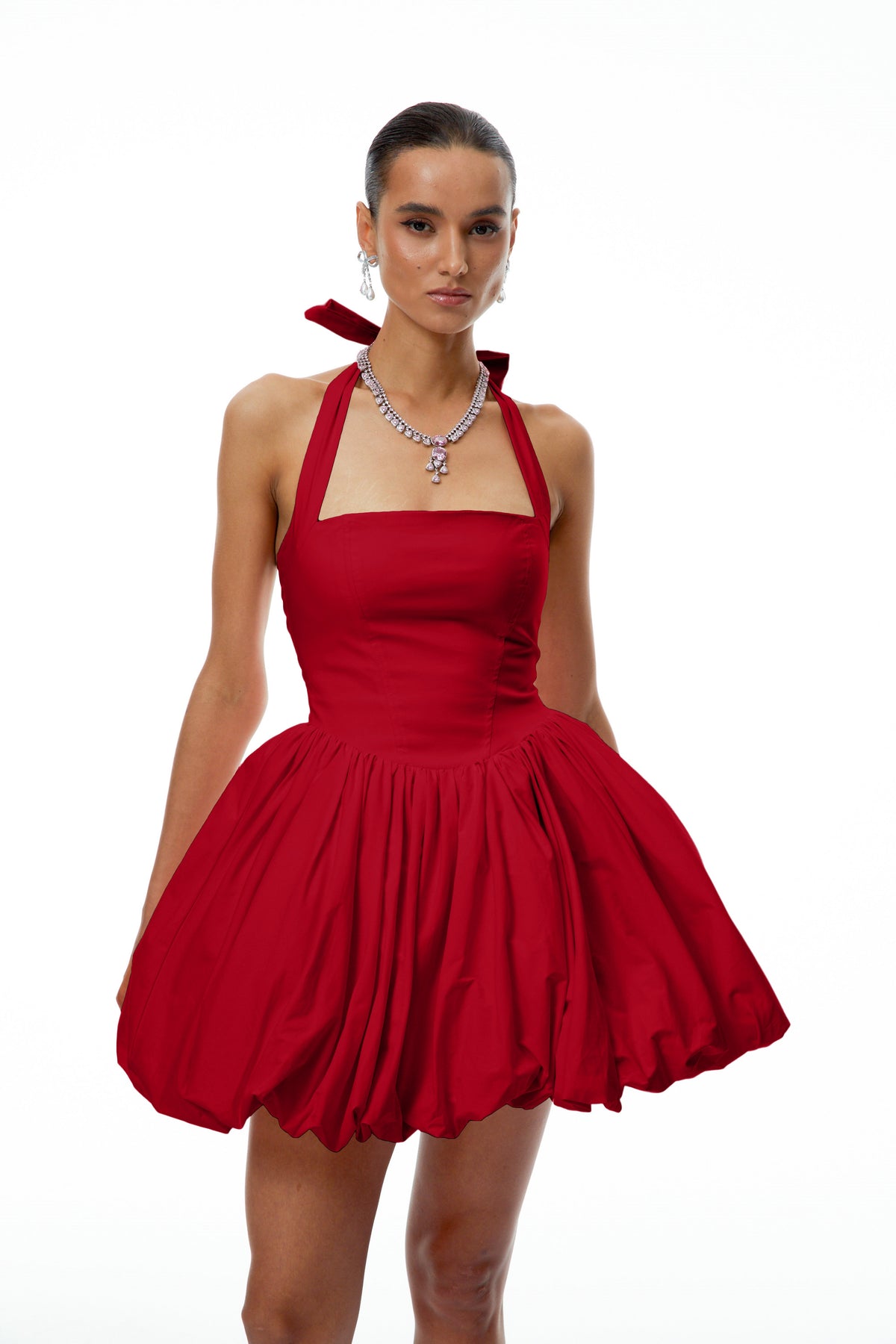 Anaelle Red Shirred Puffball Mini Dress