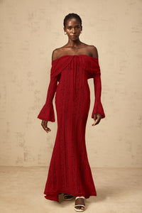 Émeline floral lace train-design maxi dress in Red