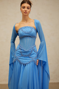 Gaëlle Blue Faux-pearl-embellished Pleated Maxi Dress