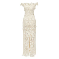 Hecate White Beaded Lace Maxi Dress with 3D Florals