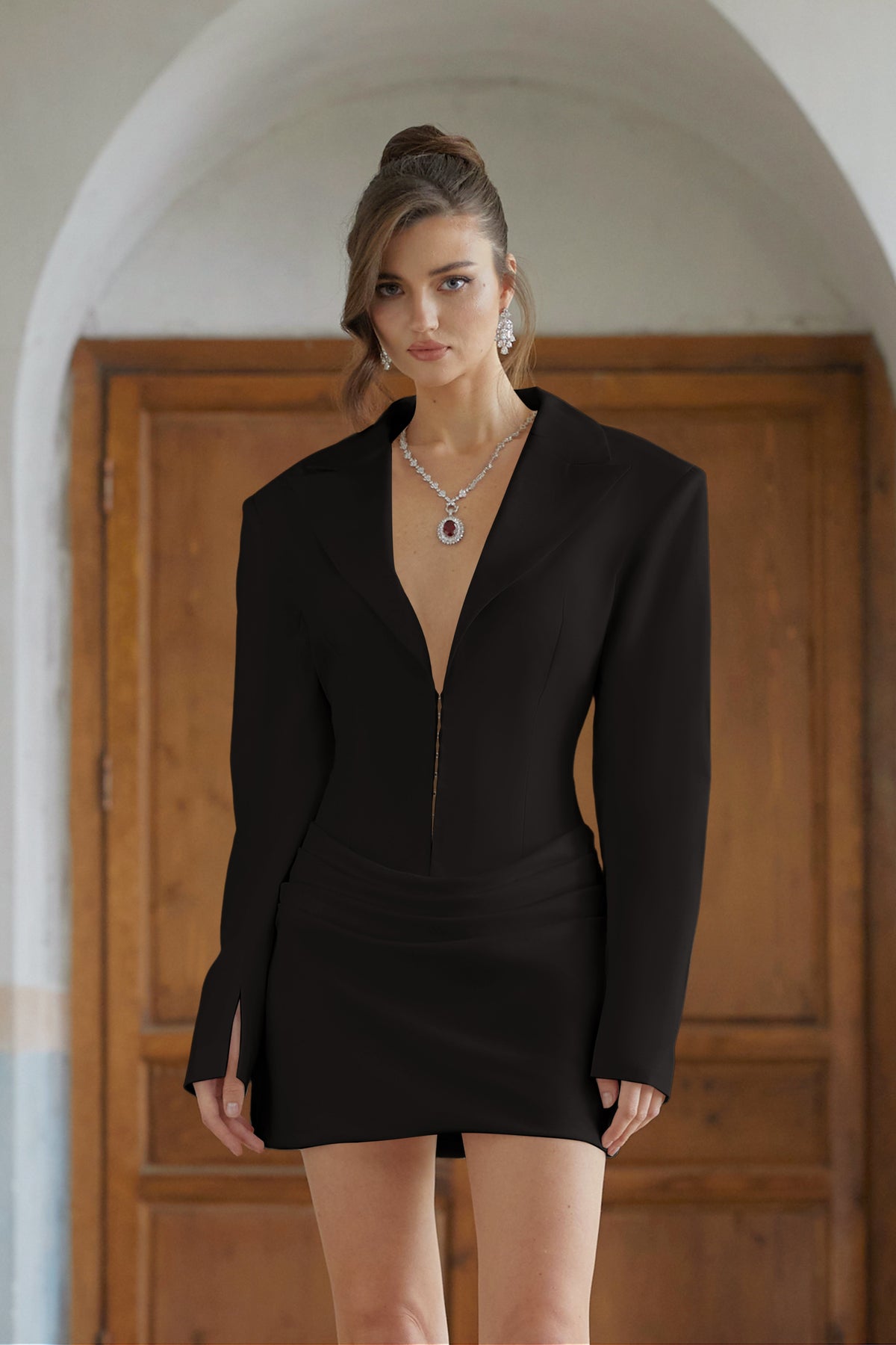 Rosette Black Ruched Blazer Mini Dress