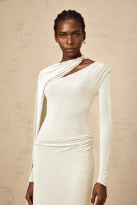 Josette White Diagonal Shawl Fitted Maxi Dress