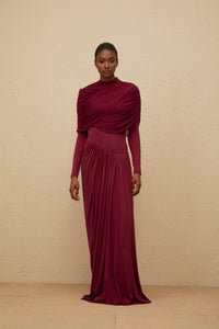 Catherine Red Asymmetrical Pleated Long-Sleeve Maxi Dress