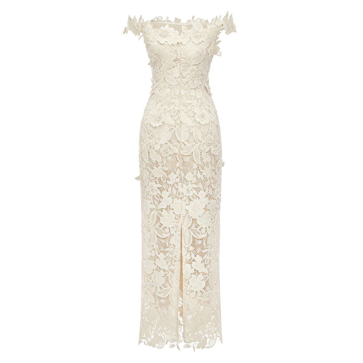 Hecate White Beaded Lace Maxi Dress with 3D Florals