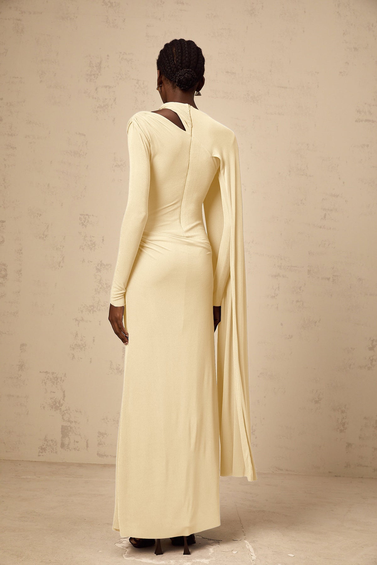 Josette Yellow Diagonal Shawl Fitted Maxi Dress