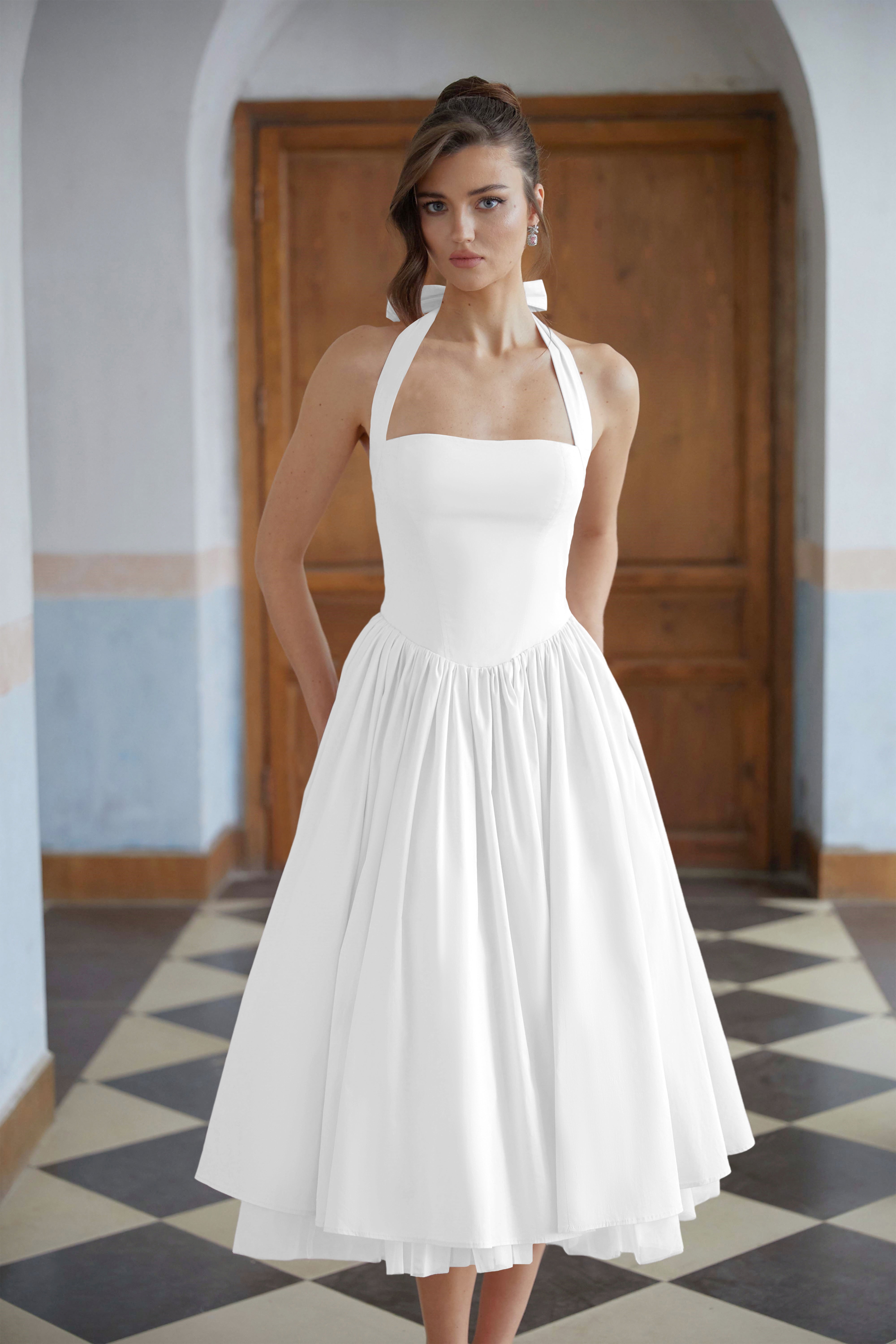 Eponine White Layered Flared Hem Midi Dress