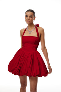 Anaelle Red Shirred Puffball Mini Dress