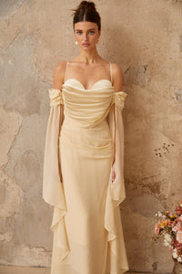 Mélusine Neutral Ruched Chiffon Maxi Dress