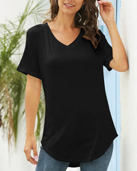 Casual V-Neck Plain Tee with Curved Hem
