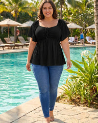 Plus Size Sweetheart Neck Short Sleeve Shirred Peplum Tops