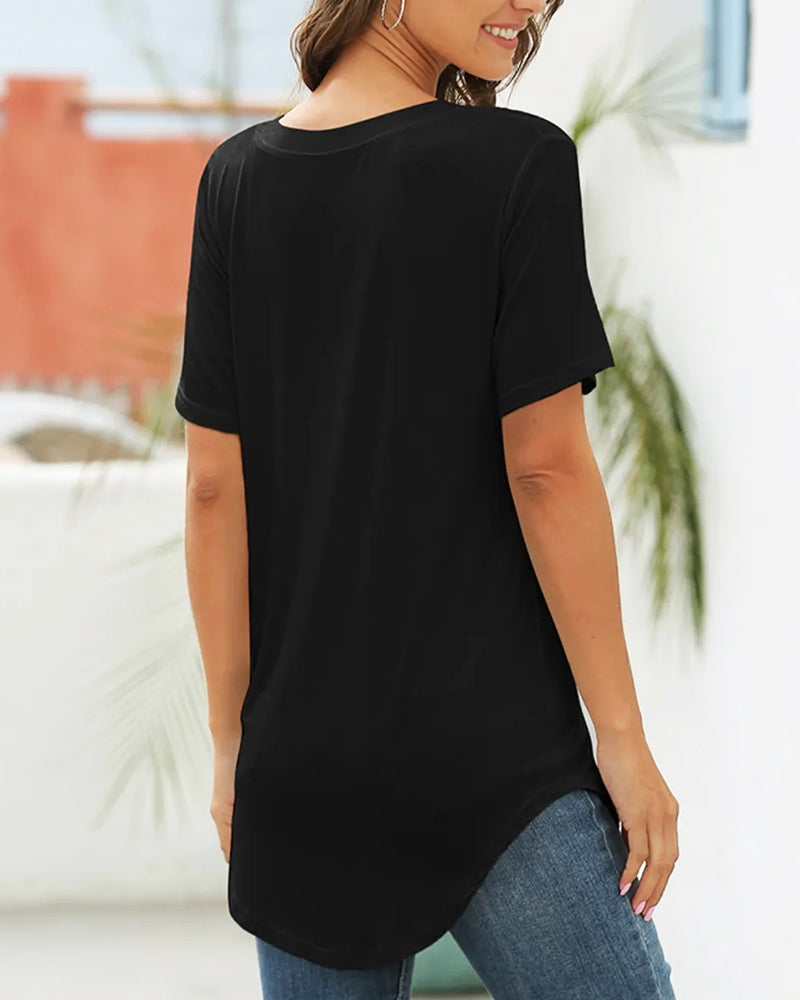 Casual V-Neck Plain Tee with Curved Hem