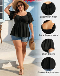 Plus Size Sweetheart Neck Short Sleeve Shirred Peplum Tops