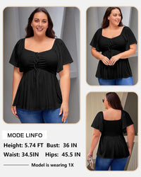 Plus Size Sweetheart Neck Short Sleeve Shirred Peplum Tops