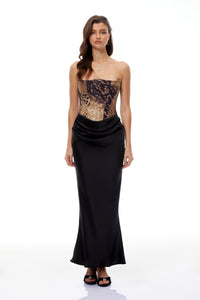 Amalia Black Leopard Corset Satin Maxi Dress