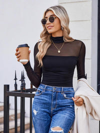 Sparkle Mesh Sheer Long Sleeve Ruched Top
